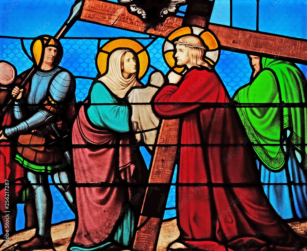 Obraz premium 6th Stations of the Cross, Veronica wipes the face of Jesus, stained glass windows in the Saint Eugene - Saint Cecilia Church, Paris, France 