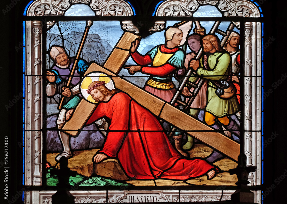 3rd Stations of the Cross, Jesus falls the first time, stained glass windows in the Saint Eugene - Saint Cecilia Church, Paris, France 