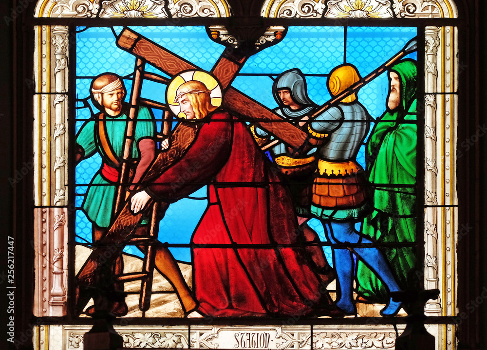 2nd Stations of the Cross, Jesus is given his cross, stained glass windows in the Saint Eugene - Saint Cecilia Church, Paris, France