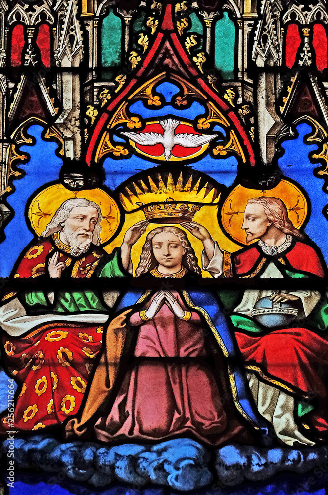 Coronation of the Virgin Mary, stained glass windows in the Saint Eugene - Saint Cecilia Church, Paris, France 