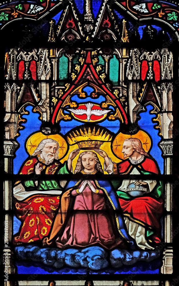 Coronation of the Virgin Mary, stained glass windows in the Saint Eugene - Saint Cecilia Church, Paris, France 