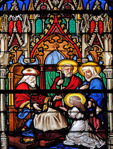 Presentation of the Virgin Mary in the Temple, stained glass windows in the Saint Eugene - Saint Cecilia Church, Paris, France 