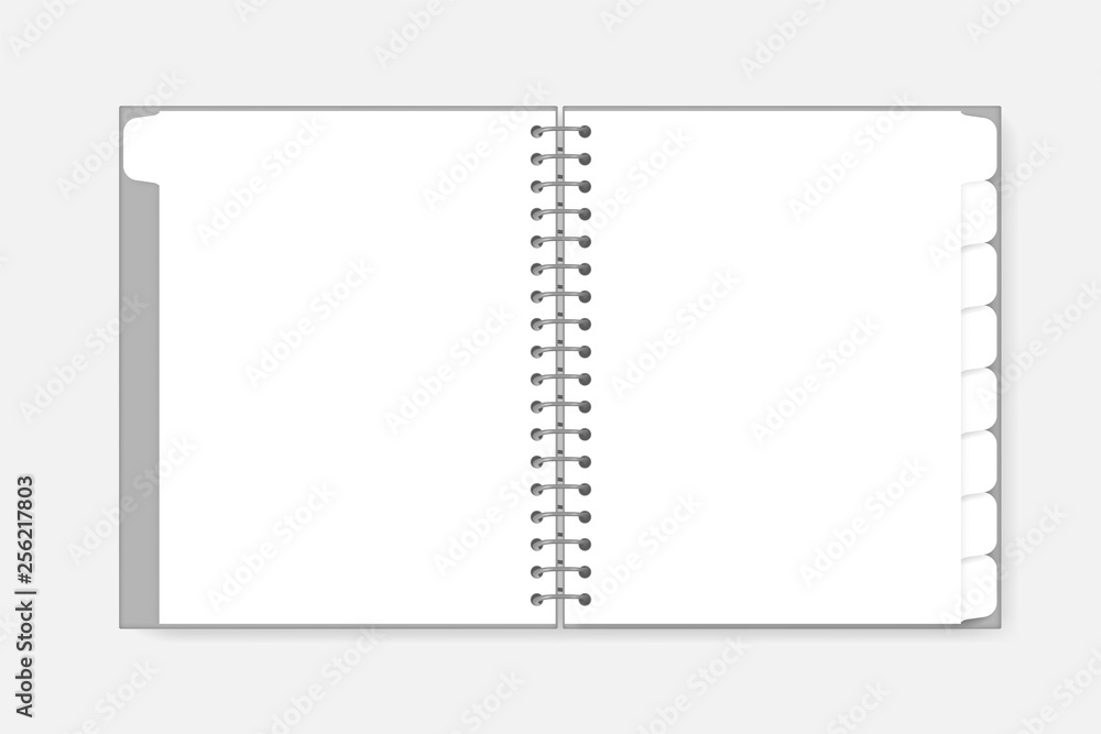 Open spiral notebook with tab divider pages letter size, vector mockup. White blank wire bound notepad spread, template Open spiral notebook with tab divider pages letter size, vector mockup. White blank wire bound notepad spread, template