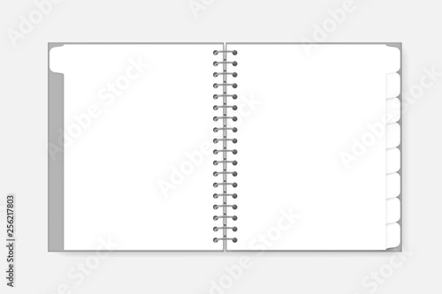 Open spiral notebook with tab divider pages letter size, vector mockup. White blank wire bound notepad spread, template