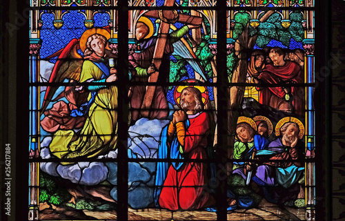 Jesus and his disciples on Mount of Olives, stained glass windows in the Saint Eugene - Saint Cecilia Church, Paris, France 