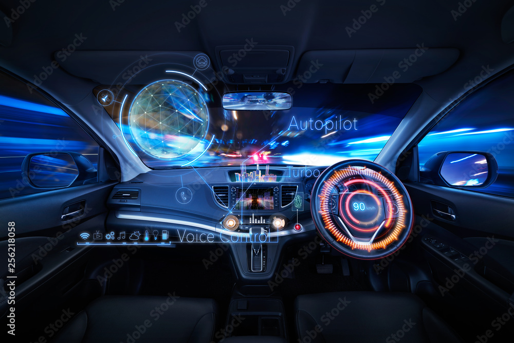 Car interior with Self driving , Auto pilot and internet of thin  futuristic . icon illustration . Autonomous car system technology concept .