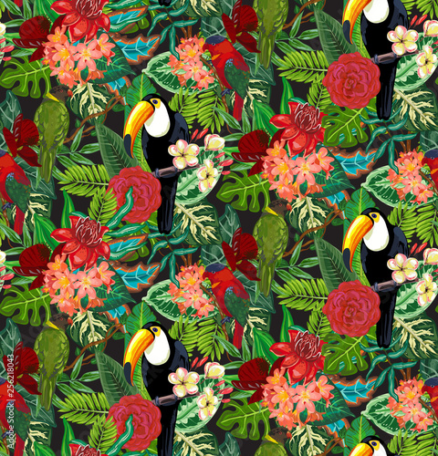 Seamless vector pattern with tropic bird toucan, parrots with exotic flowers and palm leaves.