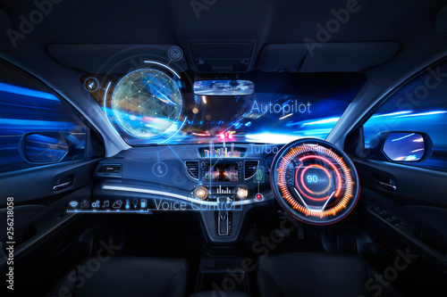 Car interior with Self driving , Auto pilot and internet of thin futuristic . icon illustration . Autonomous car system technology concept .