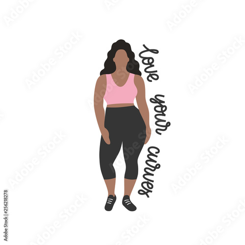 Brunette nice plump woman with curvy body, girl in a trendy fashion sportive clothes, flat vector illustration. Fullsize body silhouette. Pretty black woman in black pants and pink top. White