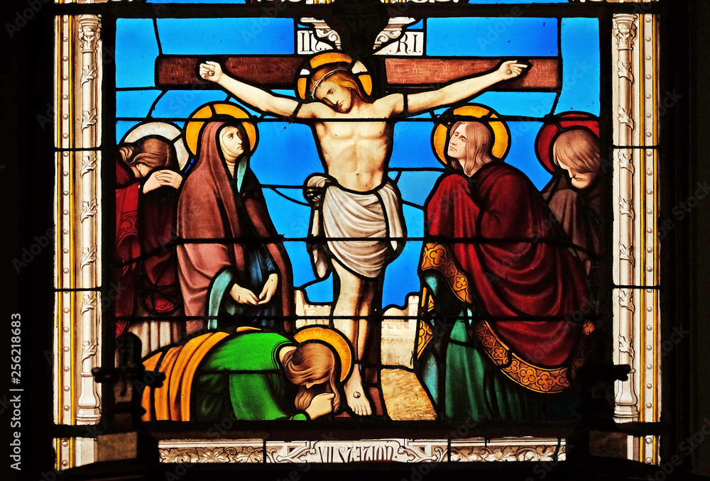 Fototapeta premium 12th Stations of the Cross, Jesus dies on the cross, stained glass windows in the Saint Eugene - Saint Cecilia Church, Paris, France 
