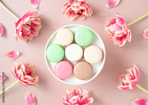 Colorful macaron or macaroon cakes and tulips on tender pastel pink background.