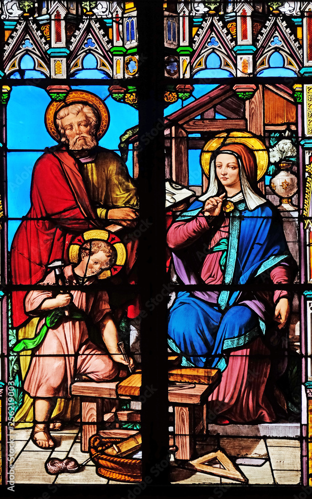 The Holy Family, stained glass windows in the Saint Eugene - Saint Cecilia Church, Paris, France 