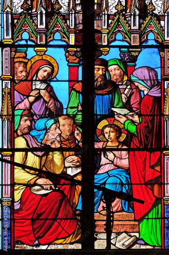 Twelve-year-old Jesus in the Temple, stained glass windows in the Saint Eugene - Saint Cecilia Church, Paris, France 