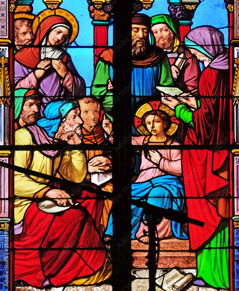 Fototapeta premium Twelve-year-old Jesus in the Temple, stained glass windows in the Saint Eugene - Saint Cecilia Church, Paris, France 