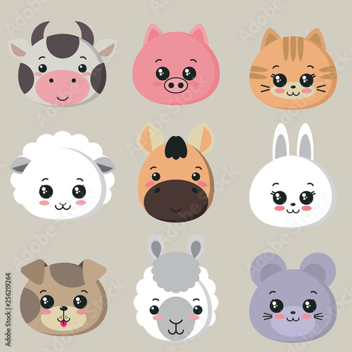 Vector collection of cute animal faces, big icon set for baby design