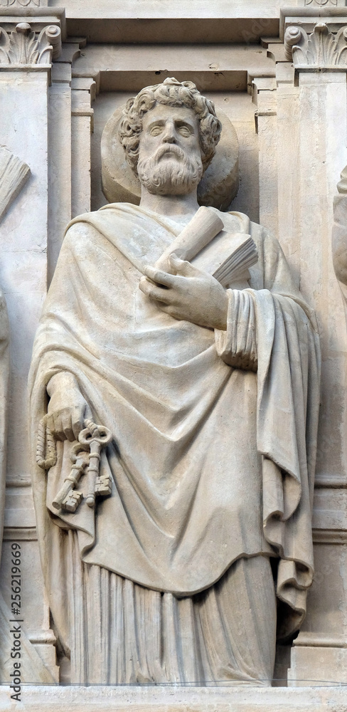 Saint Peter the Apostle, statue on the facade of Saint Augustine church in Paris, France