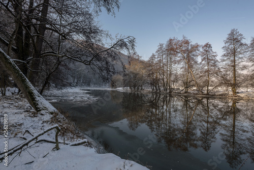 snowy river bank and silhouettes of trees reflecting in the water in winter