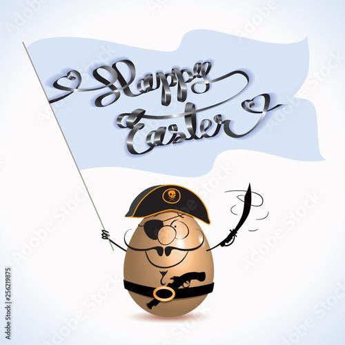 Cartoon of Easter egg as a pirate with Happy Easter banner isolated on a white background