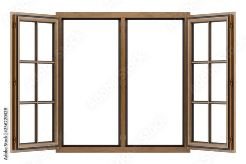 open wooden window isolated on white background