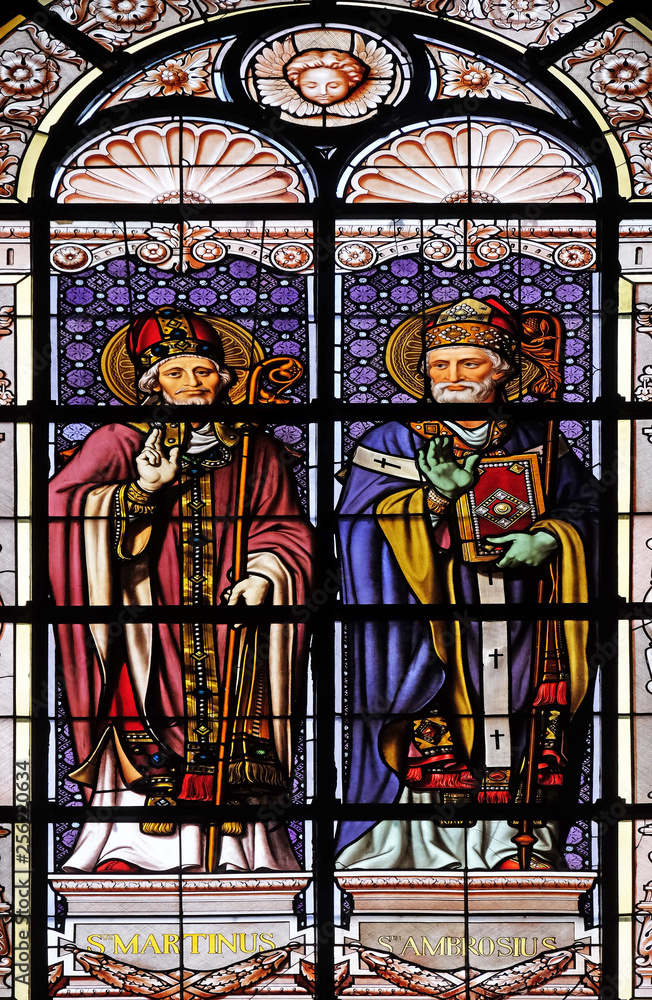 Saint Martin and Saint Ambrose, stained glass window in the Saint Augustine church in Paris, France