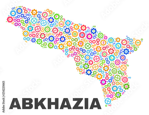 Mosaic technical Abkhazia map isolated on a white background. Vector geographic abstraction in different colors. Mosaic of Abkhazia map combined of random multi-colored cog elements.
