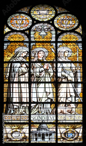 Saint Genevieve, stained glass window in the Saint Augustine church in Paris, France 
