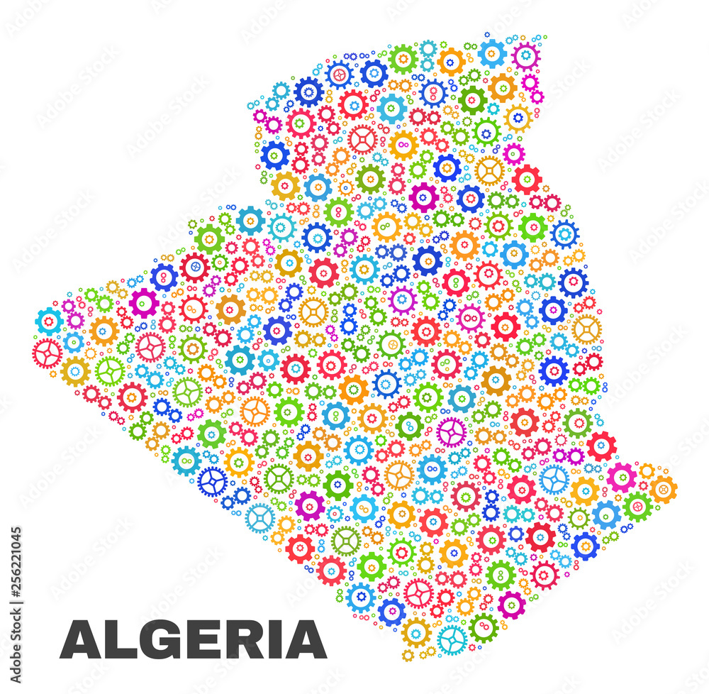 Mosaic technical Algeria map isolated on a white background. Vector geographic abstraction in different colors. Mosaic of Algeria map combined of random bright gear elements.