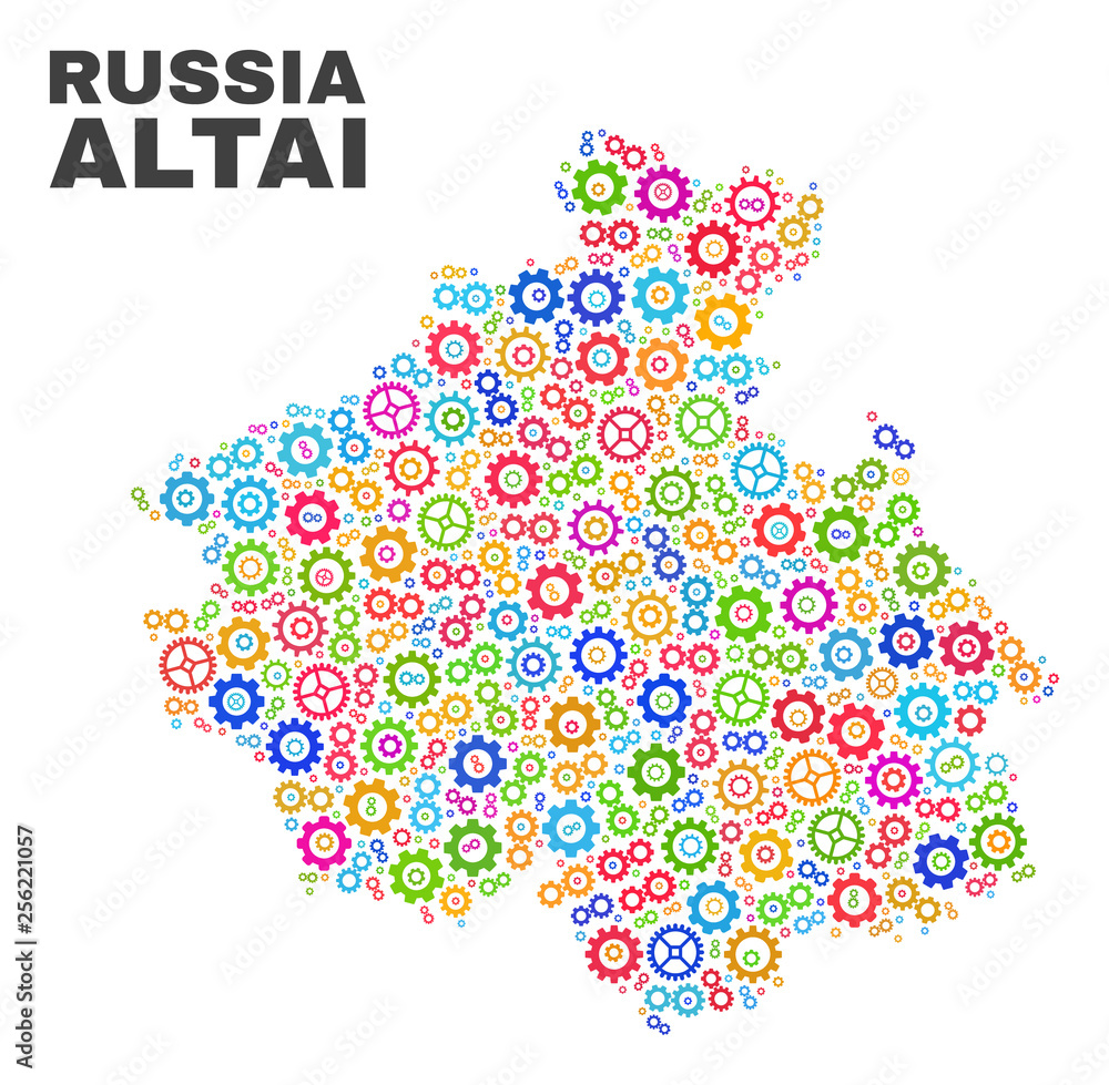 Mosaic technical Altai Republic map isolated on a white background. Vector geographic abstraction in different colors. Mosaic of Altai Republic map combined of random multi-colored cog items. Mosaic technical Altai Republic map isolated on a white background. Vector geographic abstraction in different colors. Mosaic of Altai Republic map combined of random multi-colored cog items.