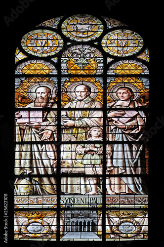 Saint Vincent de Paul, stained glass window in the Saint Augustine church in Paris, France 