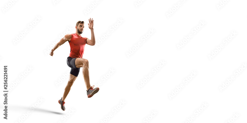 Isolated Male athlete sprinting. Men on white background in sport clothes run