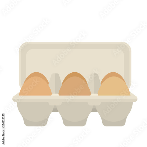 Open egg box with 6 brown eggs, flat vector design