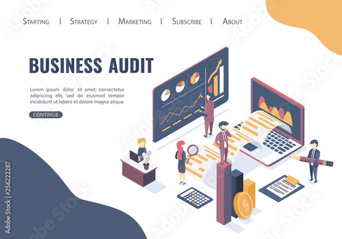 The concept of business auditing. Verification of accounting data. Financial report. Professional audit advice. Flat isometric style. 