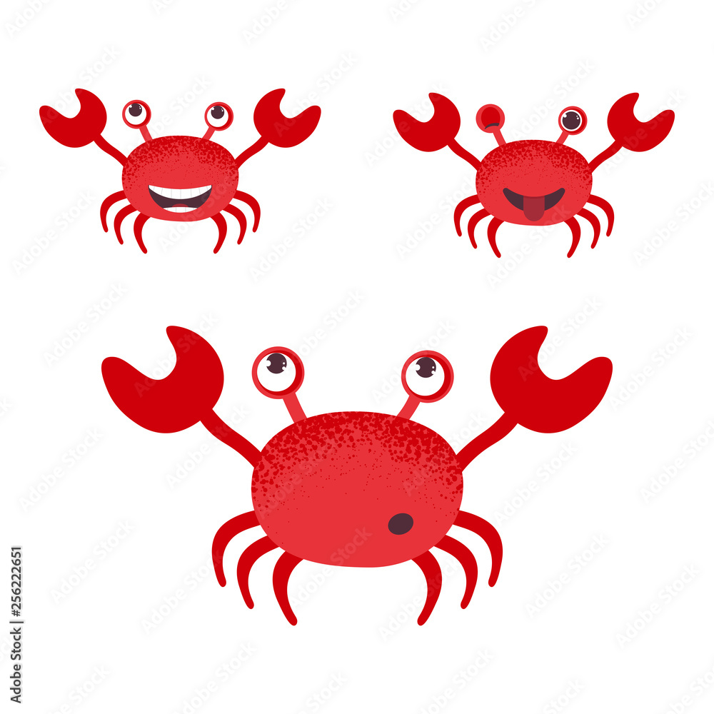Cute cartoon red crab drawing. Funny smiling crab character vector illustration. Set of crabs isolated on white background Cute cartoon red crab drawing. Funny smiling crab character vector illustration. Set of crabs isolated on white background