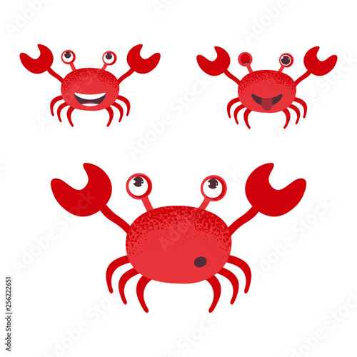 Cute cartoon red crab drawing. Funny smiling crab character vector illustration. Set of crabs isolated on white background