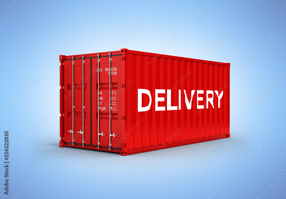 Cargo shipping container with an inscription delivery on blue gradient background 3d Cargo shipping container with an inscription delivery on blue gradient background 3d