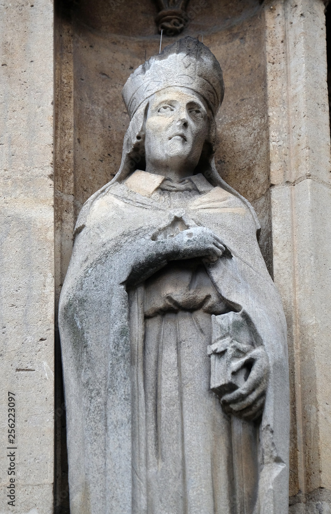 Saint Landry of Paris statue on the portal of the Saint Germain l'Auxerrois church in Paris, France 