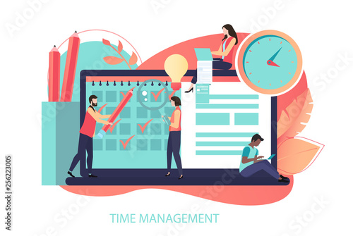 Time management. People plan schedule and manage their time. Coral illustration with electronic diary and clock.