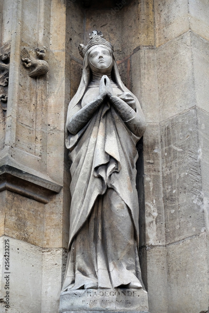 Saint Radegund statue on the portal of the Saint Germain l'Auxerrois church in Paris, France 