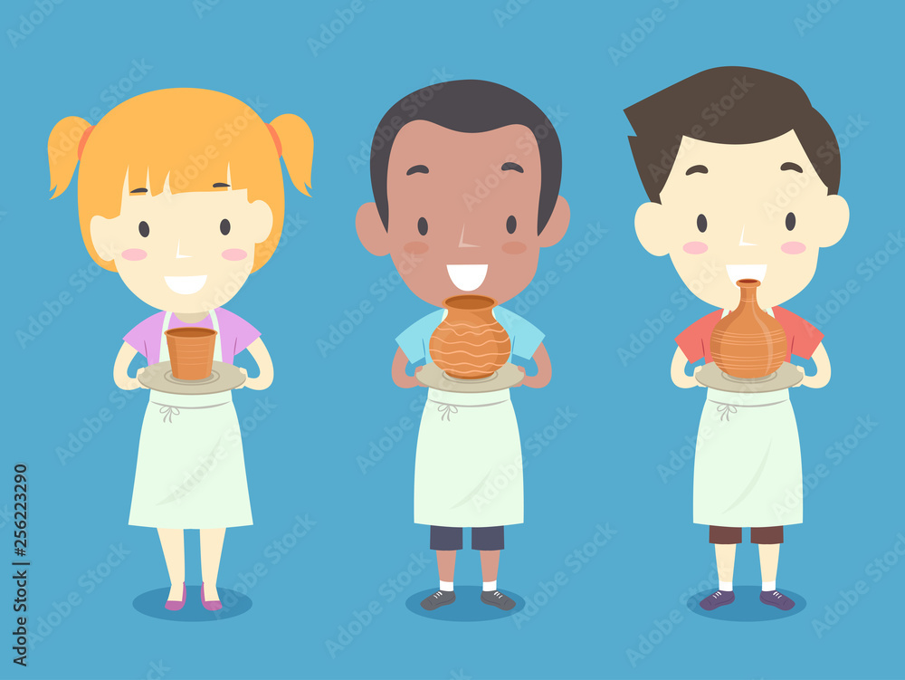 Kids Showing Finished Pottery Pots Illustration Kids Showing Finished Pottery Pots Illustration