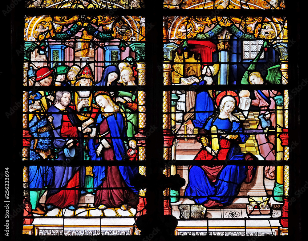 The Wedding of the Virgin and the Virgin at the temple, stained glass windows in the Saint Gervais and Saint Protais Church, Paris, France