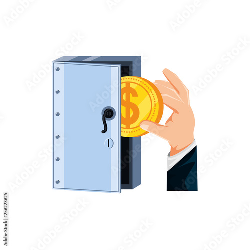 hand with coin and safe box security