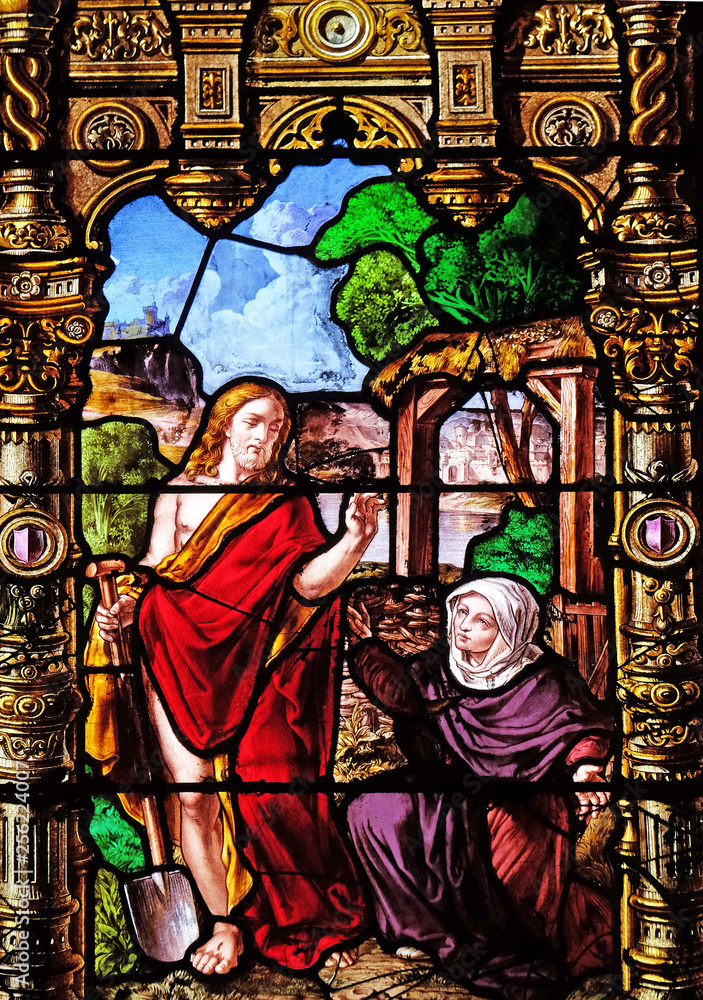 Risen Christ and Mary Magdalene, stained glass windows in the Saint Gervais and Saint Protais Church, Paris, France 