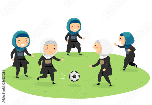 Stickman Kids Girls Play Football Illustration