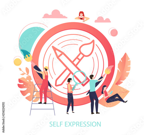 Self expression. Coral sign or icon with people, flat style.