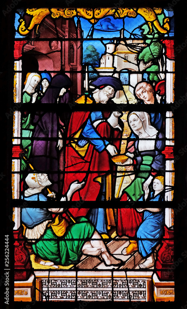Anne and Joachim come out of the temple, stained glass windows in the Saint Gervais and Saint Protais Church, Paris, France
