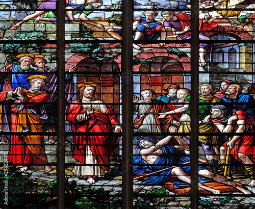 Healing the paralytic, stained glass windows in the Saint Gervais and Saint Protais Church, Paris, France 