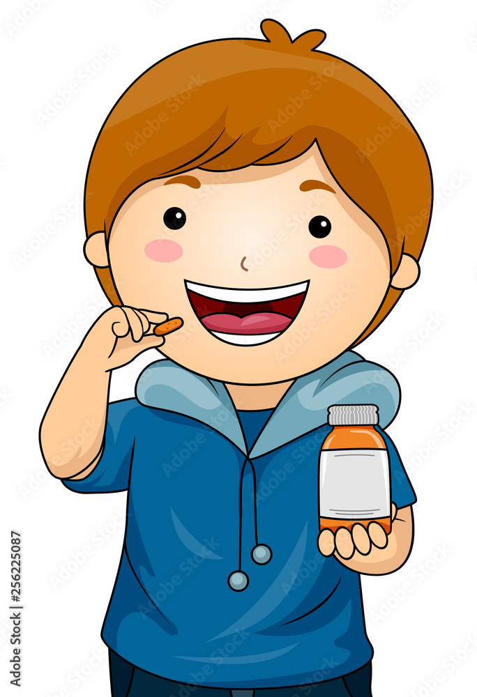 Kid Boy Supplements Capsule Bottle Illustration Kid Boy Supplements Capsule Bottle Illustration