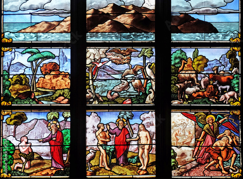 Garden of Eden, stained glass window in Church of Saint Leu Saint Gilles in Paris, France