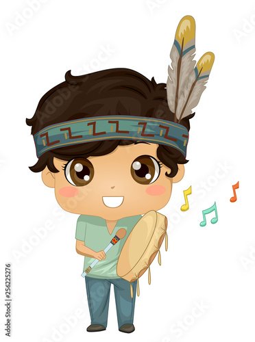 Kid Boy Indian Powwow Hand Drum Illustration