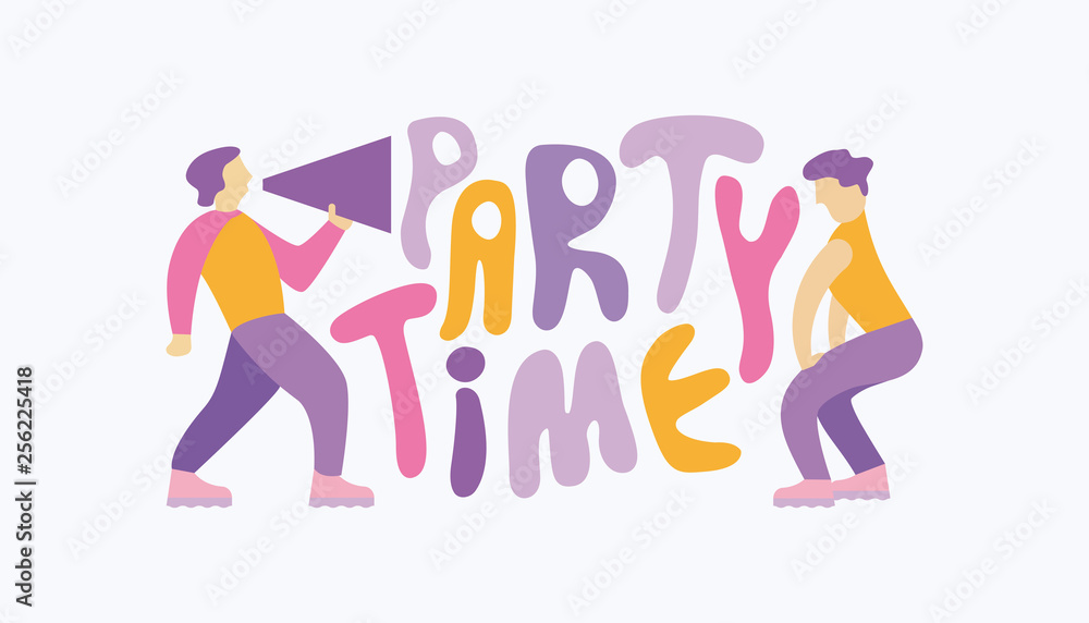 Man shouting through megaphone, inviting to the party and a dancing man. Handwritten cartoon style slogan “Party Time” Man shouting through megaphone, inviting to the party and a dancing man. Handwritten cartoon style slogan “Party Time”